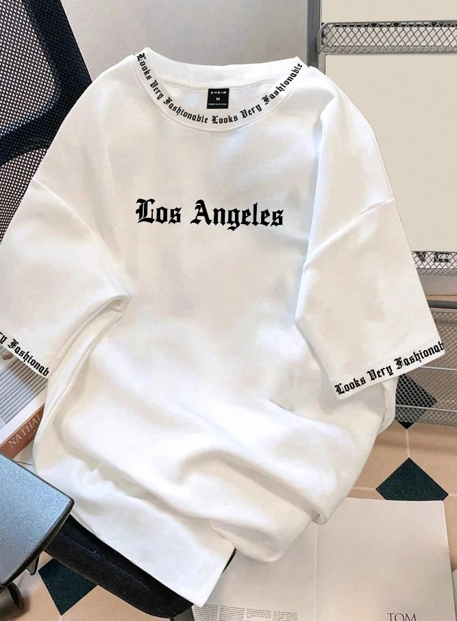 2025 Camiseta Los Angeles LA Gola Redonda Manga Curta Casual Solta Camiseta de Algodão Cor Sólida Casaco Base Estilo Americano