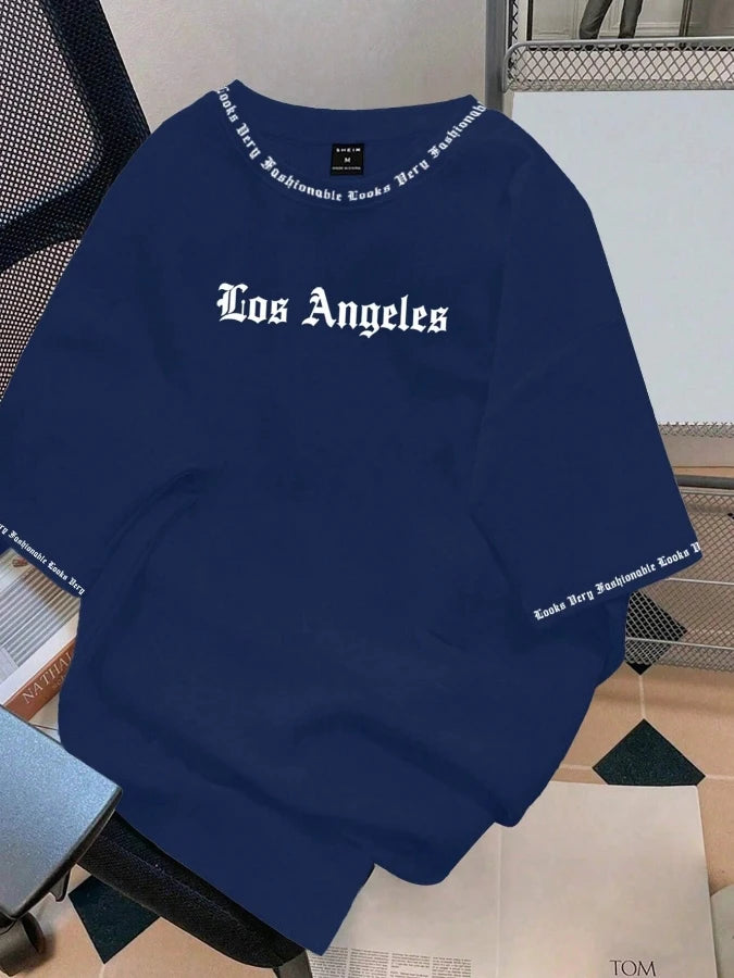 2025 Camiseta Los Angeles LA Gola Redonda Manga Curta Casual Solta Camiseta de Algodão Cor Sólida Casaco Base Estilo Americano