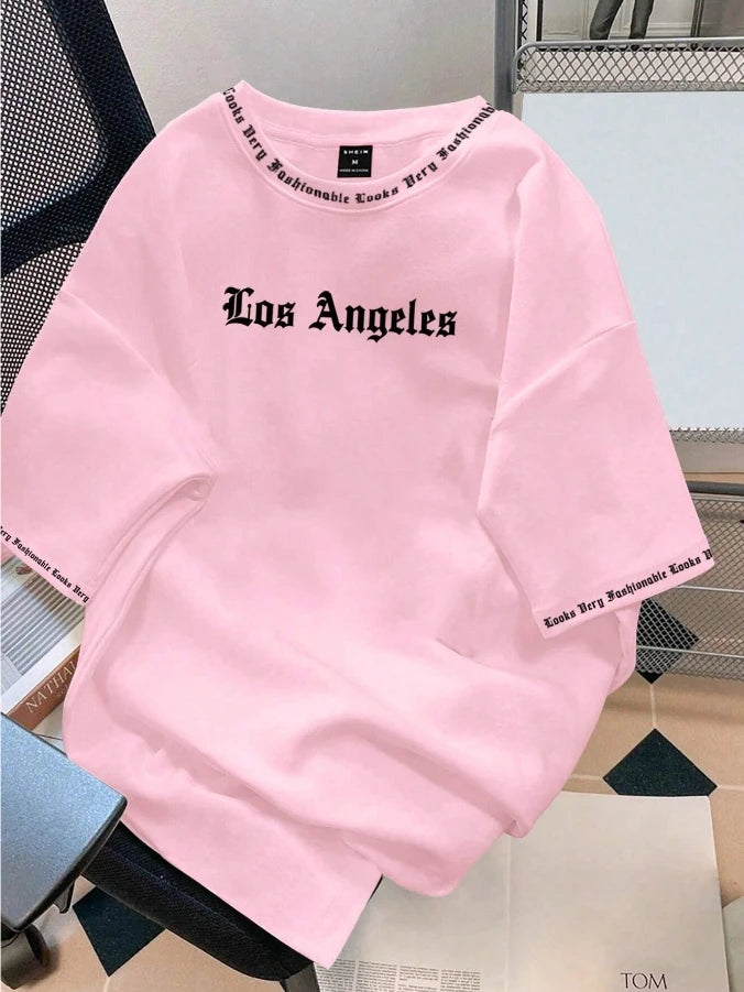 2025 Camiseta Los Angeles LA Gola Redonda Manga Curta Casual Solta Camiseta de Algodão Cor Sólida Casaco Base Estilo Americano