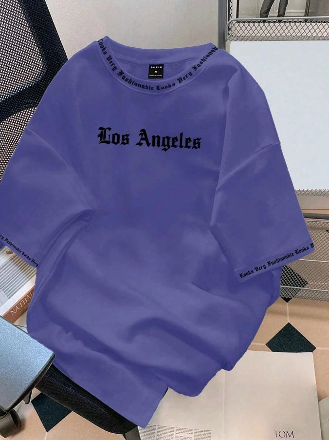 2025 Camiseta Los Angeles LA Gola Redonda Manga Curta Casual Solta Camiseta de Algodão Cor Sólida Casaco Base Estilo Americano