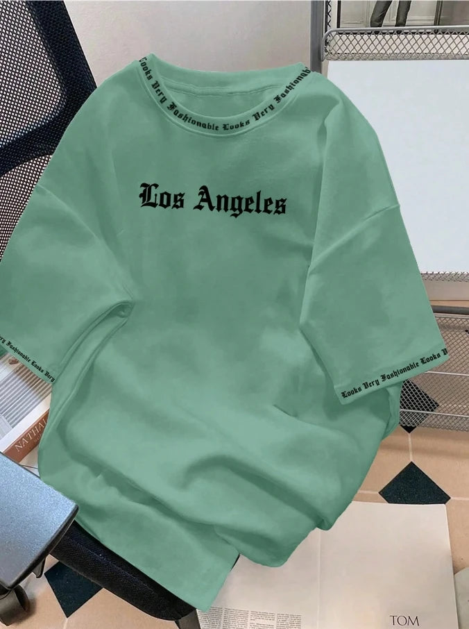 2025 Camiseta Los Angeles LA Gola Redonda Manga Curta Casual Solta Camiseta de Algodão Cor Sólida Casaco Base Estilo Americano