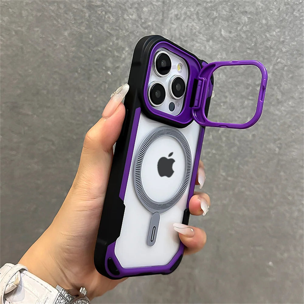 Capa magnética de luxo com armadura de cor contrastante para iPhone 16, 15, 14, 13, 12 Pro Max 11, suporte de lente dobrável para capa traseira Magsafe