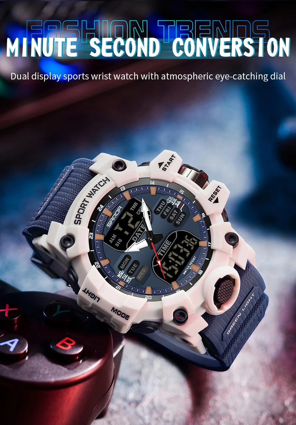 SANDA Relógio Eletrônico Masculino Estilo G Luxo Esportes ao Ar Livre LED Analógico Digital Cronógrafo Militar Display Duplo 50M À Prova D'Água