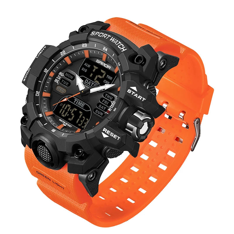 SANDA Relógio Eletrônico Masculino Estilo G Luxo Esportes ao Ar Livre LED Analógico Digital Cronógrafo Militar Display Duplo 50M À Prova D'Água