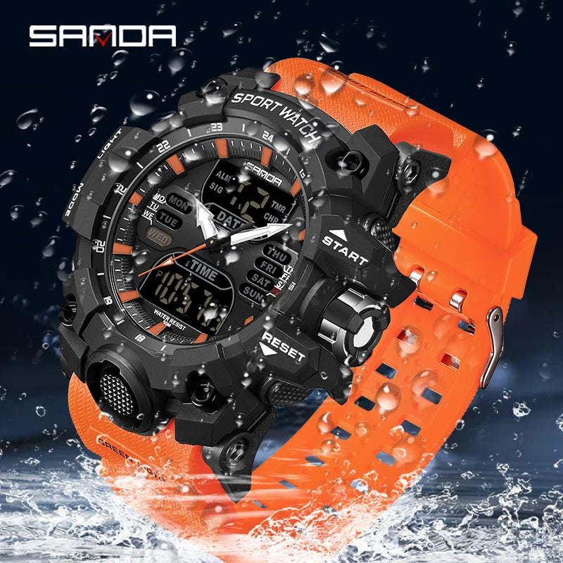 SANDA Relógio Eletrônico Masculino Estilo G Luxo Esportes ao Ar Livre LED Analógico Digital Cronógrafo Militar Display Duplo 50M À Prova D'Água