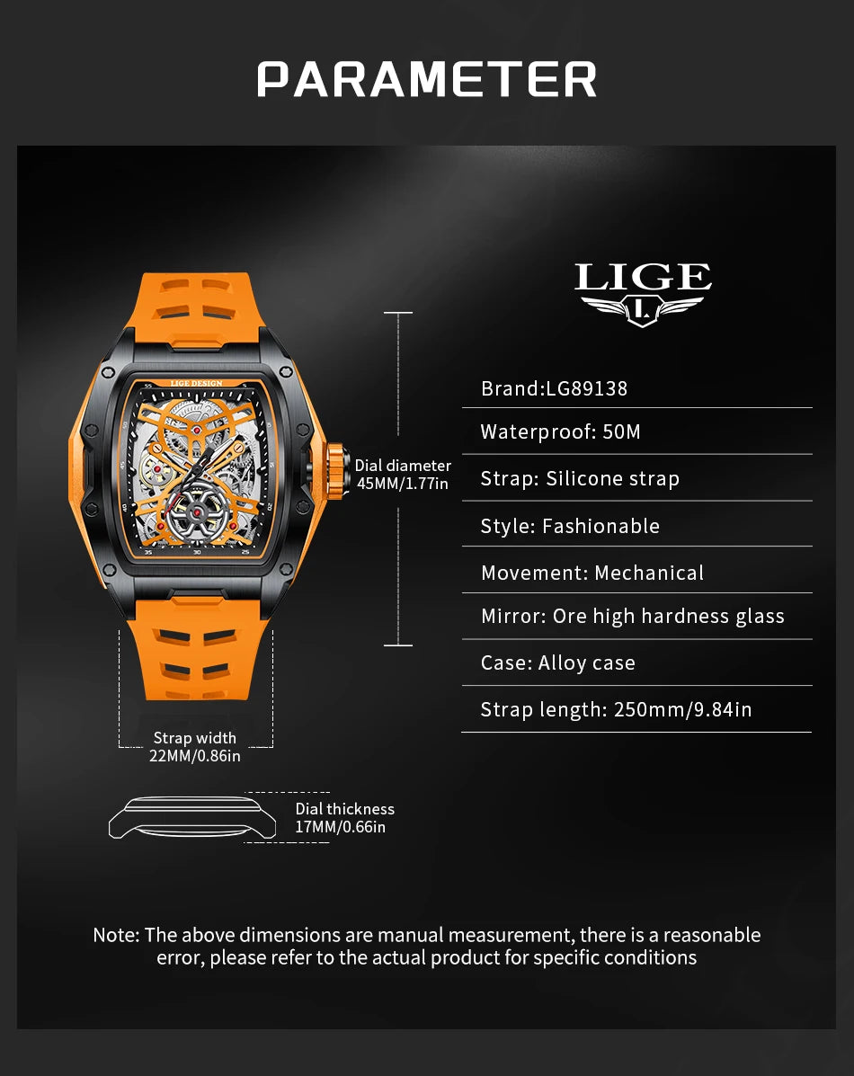 Relógios Lige Novos Masculinos Esqueleto Mecânico Automático Relógio de Marca de Luxo Luminoso 30M Relógio à Prova D'água para Homens