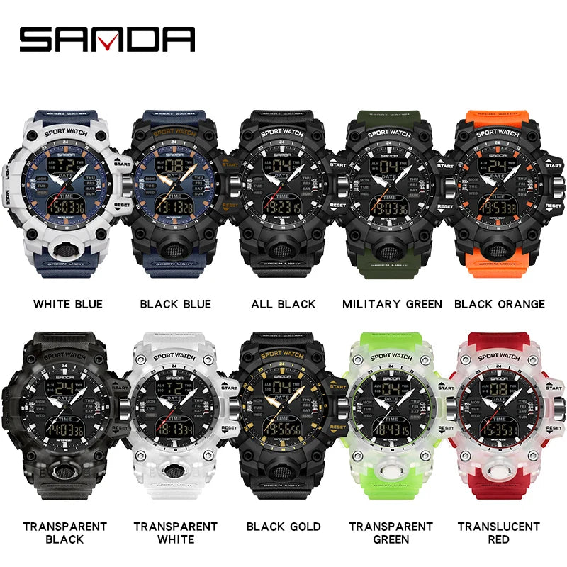 SANDA Relógio Eletrônico Masculino Estilo G Luxo Esportes ao Ar Livre LED Analógico Digital Cronógrafo Militar Display Duplo 50M À Prova D'Água