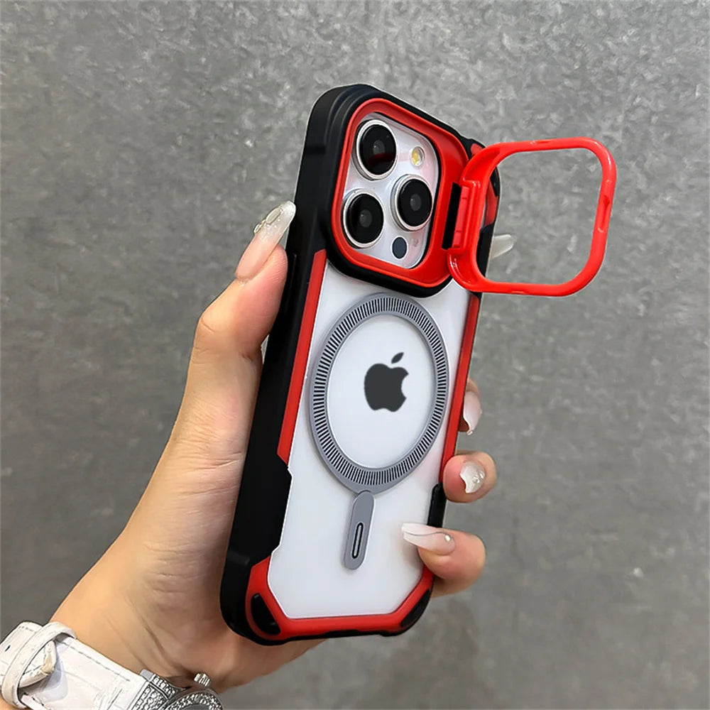 Capa magnética de luxo com armadura de cor contrastante para iPhone 16, 15, 14, 13, 12 Pro Max 11, suporte de lente dobrável para capa traseira Magsafe