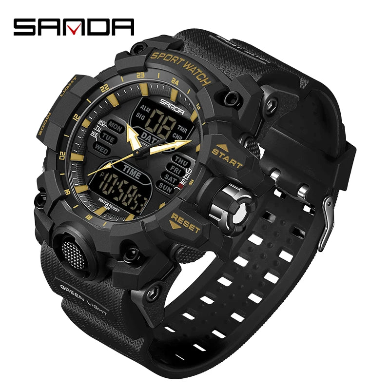 SANDA Relógio Eletrônico Masculino Estilo G Luxo Esportes ao Ar Livre LED Analógico Digital Cronógrafo Militar Display Duplo 50M À Prova D'Água