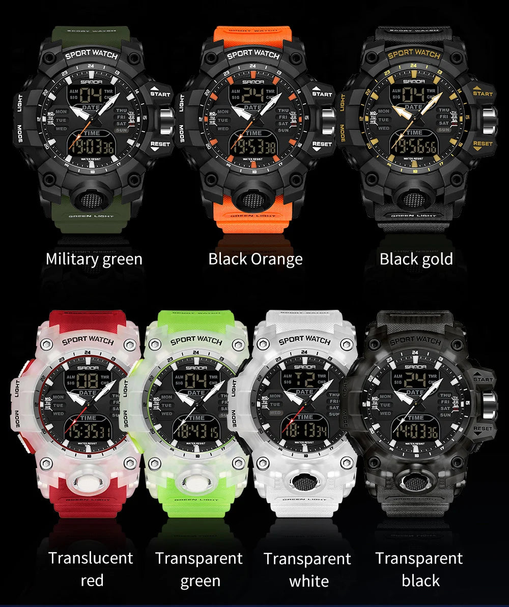 SANDA Relógio Eletrônico Masculino Estilo G Luxo Esportes ao Ar Livre LED Analógico Digital Cronógrafo Militar Display Duplo 50M À Prova D'Água