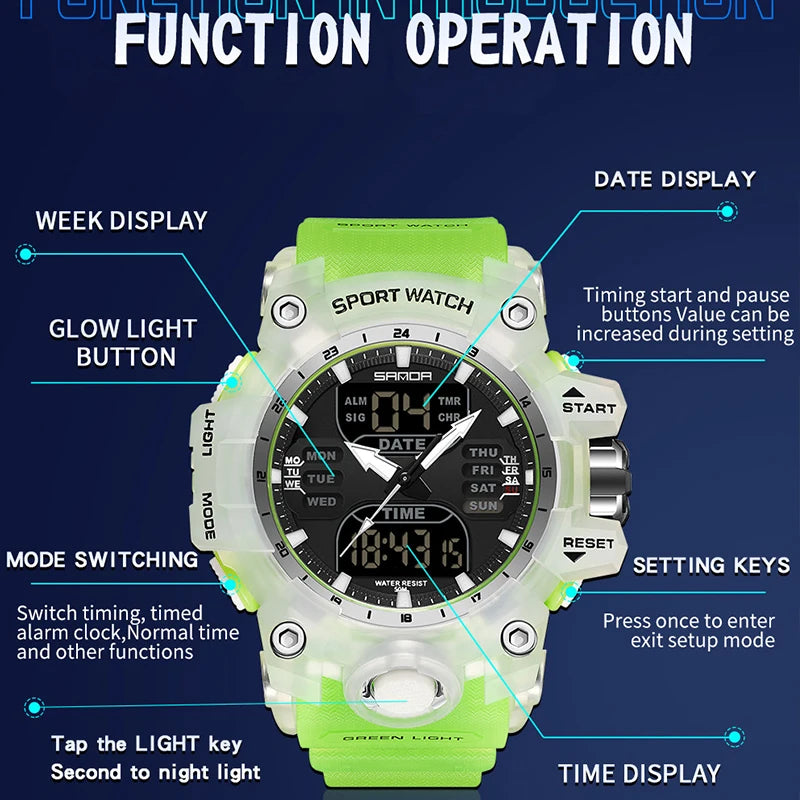 SANDA Relógio Eletrônico Masculino Estilo G Luxo Esportes ao Ar Livre LED Analógico Digital Cronógrafo Militar Display Duplo 50M À Prova D'Água