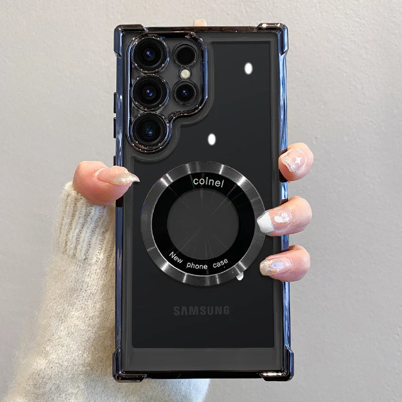 Capa de carregamento magnético sem fio com revestimento de luxo para Samsung S25 S24 Ultra S23 FE S22 Plus S21 Note 20 Capa de proteção de lente transparente
