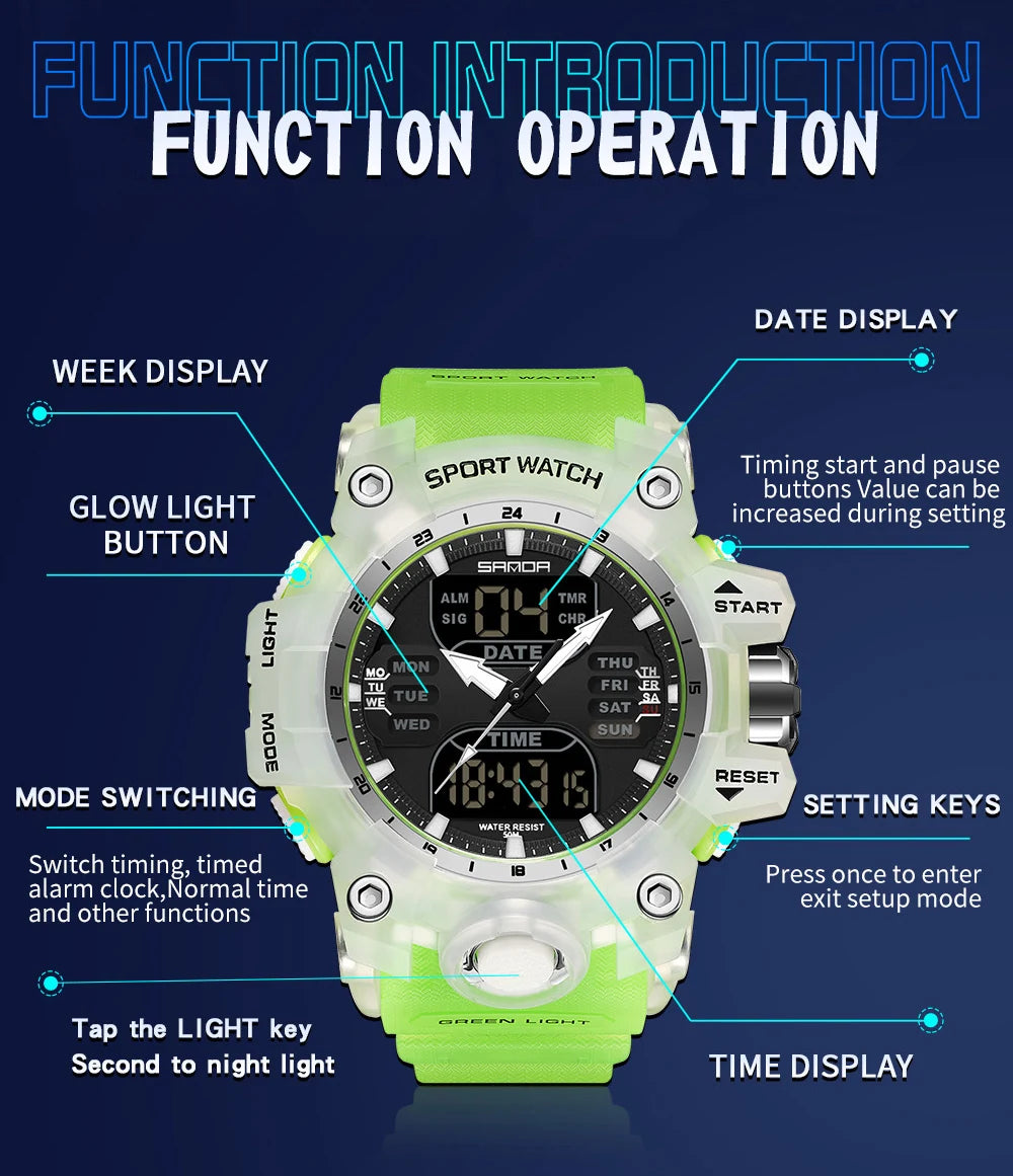 SANDA Relógio Eletrônico Masculino Estilo G Luxo Esportes ao Ar Livre LED Analógico Digital Cronógrafo Militar Display Duplo 50M À Prova D'Água