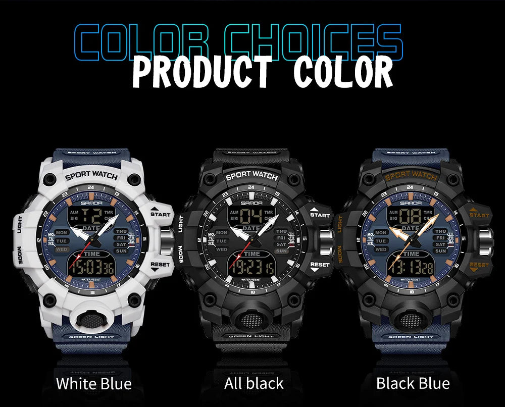 SANDA Relógio Eletrônico Masculino Estilo G Luxo Esportes ao Ar Livre LED Analógico Digital Cronógrafo Militar Display Duplo 50M À Prova D'Água