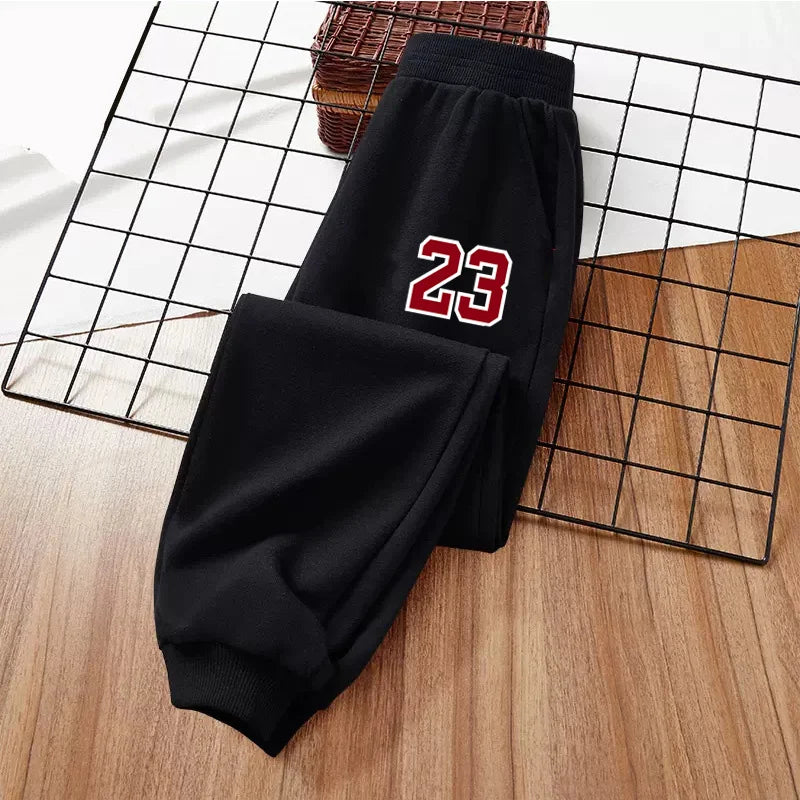 Calça de moletom infantil de basquete com número para meninos, primavera/outono, calças compridas esportivas para corrida