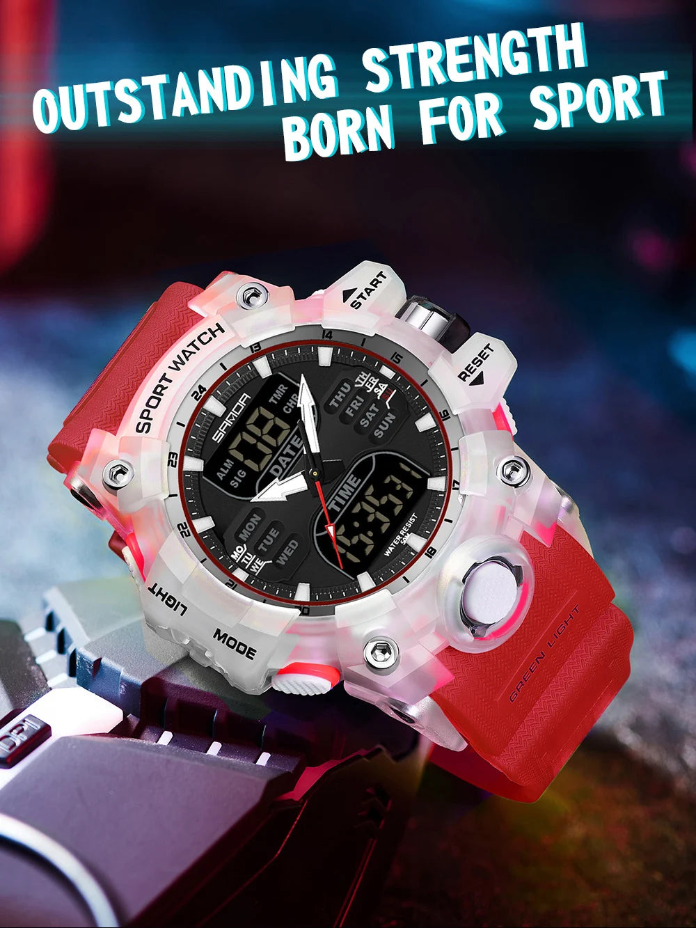SANDA Relógio Eletrônico Masculino Estilo G Luxo Esportes ao Ar Livre LED Analógico Digital Cronógrafo Militar Display Duplo 50M À Prova D'Água