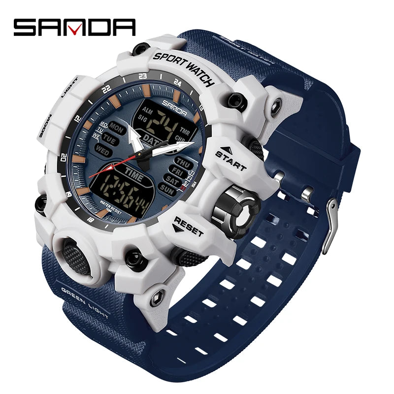 SANDA Relógio Eletrônico Masculino Estilo G Luxo Esportes ao Ar Livre LED Analógico Digital Cronógrafo Militar Display Duplo 50M À Prova D'Água