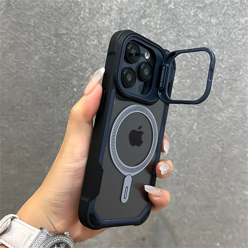 Capa magnética de luxo com armadura de cor contrastante para iPhone 16, 15, 14, 13, 12 Pro Max 11, suporte de lente dobrável para capa traseira Magsafe