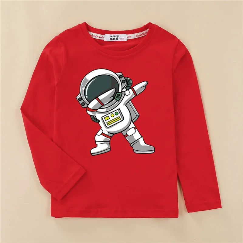 Roupas de desenho animado de astronauta para crianças, camisa de algodão para bebês meninos, camiseta de algodão de manga comprida, camiseta espacial infantil, tops de 3 a 14 anos
