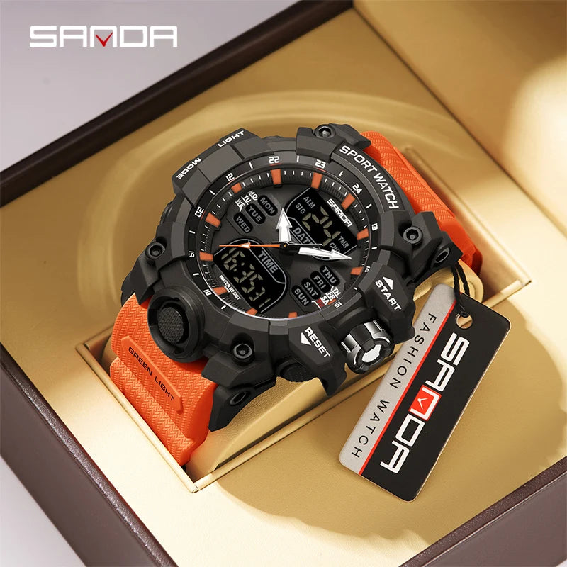 SANDA Relógio Eletrônico Masculino Estilo G Luxo Esportes ao Ar Livre LED Analógico Digital Cronógrafo Militar Display Duplo 50M À Prova D'Água