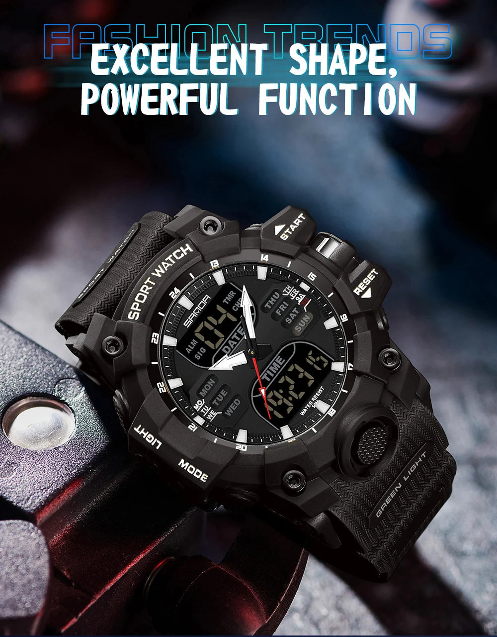 SANDA Relógio Eletrônico Masculino Estilo G Luxo Esportes ao Ar Livre LED Analógico Digital Cronógrafo Militar Display Duplo 50M À Prova D'Água