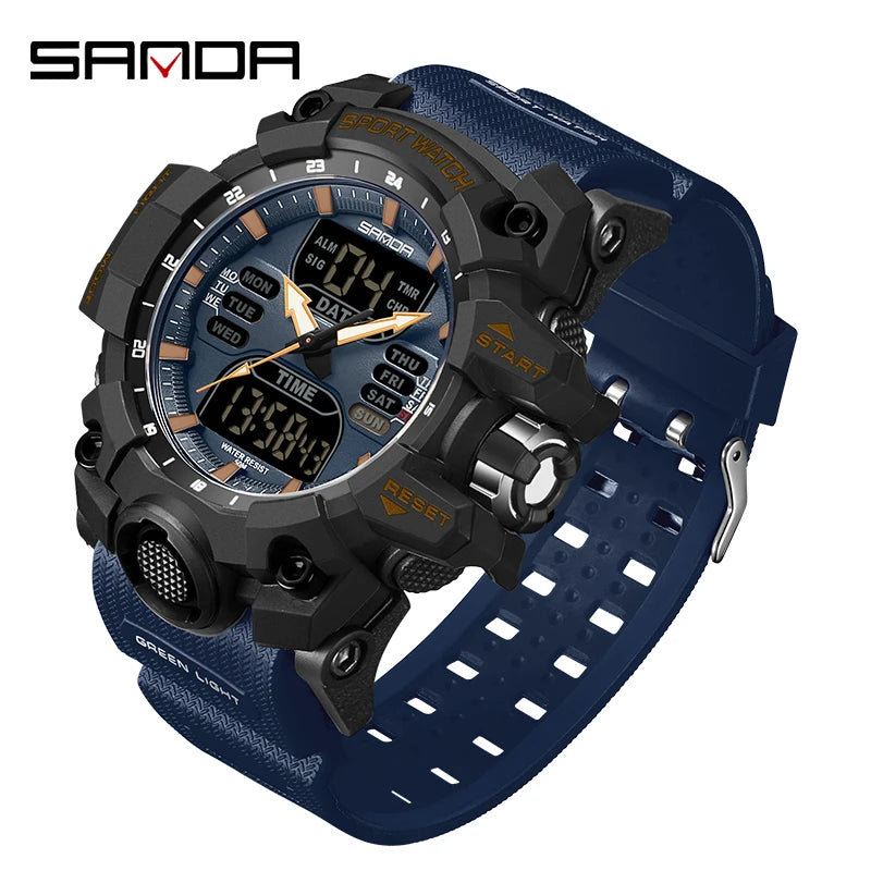 SANDA Relógio Eletrônico Masculino Estilo G Luxo Esportes ao Ar Livre LED Analógico Digital Cronógrafo Militar Display Duplo 50M À Prova D'Água