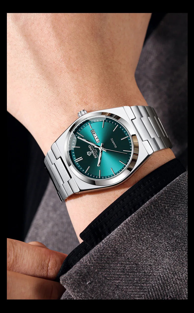 Relógio masculino UTHAI de luxo, leve, de aço inoxidável, com calendário duplo, à prova d'água, para negócios, lazer, moda, relógio de quartzo