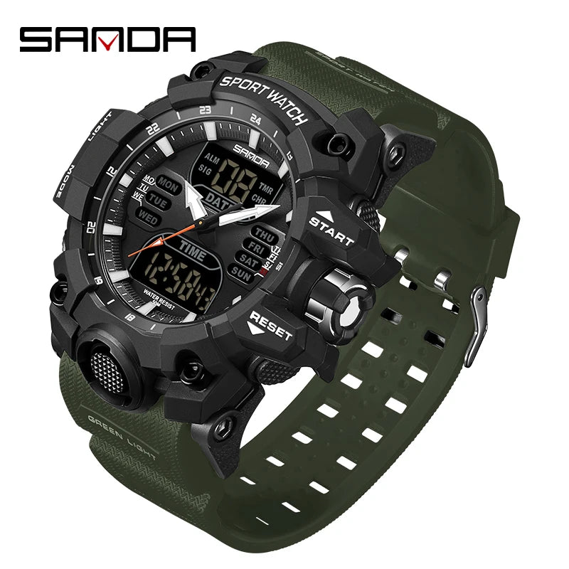 SANDA Relógio Eletrônico Masculino Estilo G Luxo Esportes ao Ar Livre LED Analógico Digital Cronógrafo Militar Display Duplo 50M À Prova D'Água