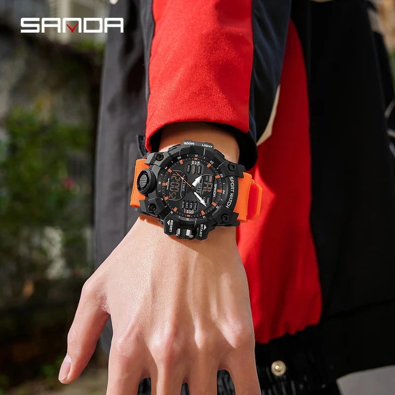 SANDA Relógio Eletrônico Masculino Estilo G Luxo Esportes ao Ar Livre LED Analógico Digital Cronógrafo Militar Display Duplo 50M À Prova D'Água