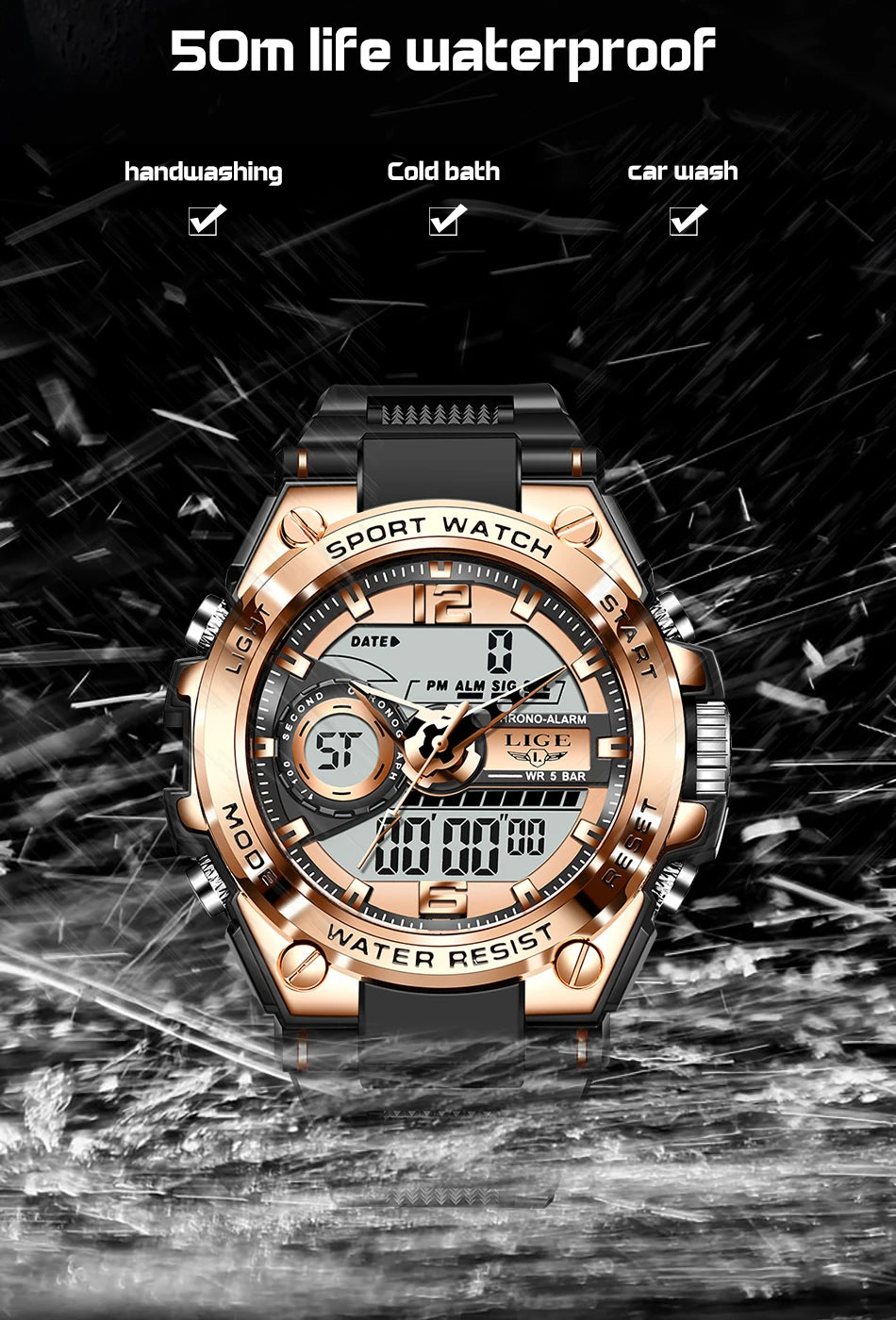 Relógio militar masculino Lige, digital, à prova d'água, 50 m, LED, quartzo, esportivo, grande, relógio masculino