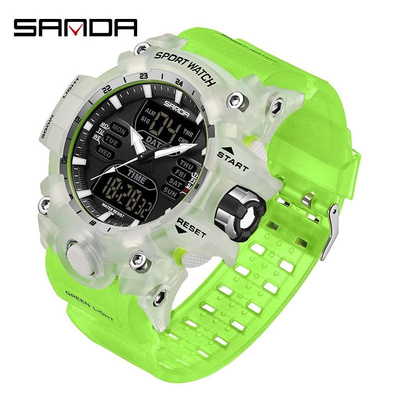 SANDA Relógio Eletrônico Masculino Estilo G Luxo Esportes ao Ar Livre LED Analógico Digital Cronógrafo Militar Display Duplo 50M À Prova D'Água