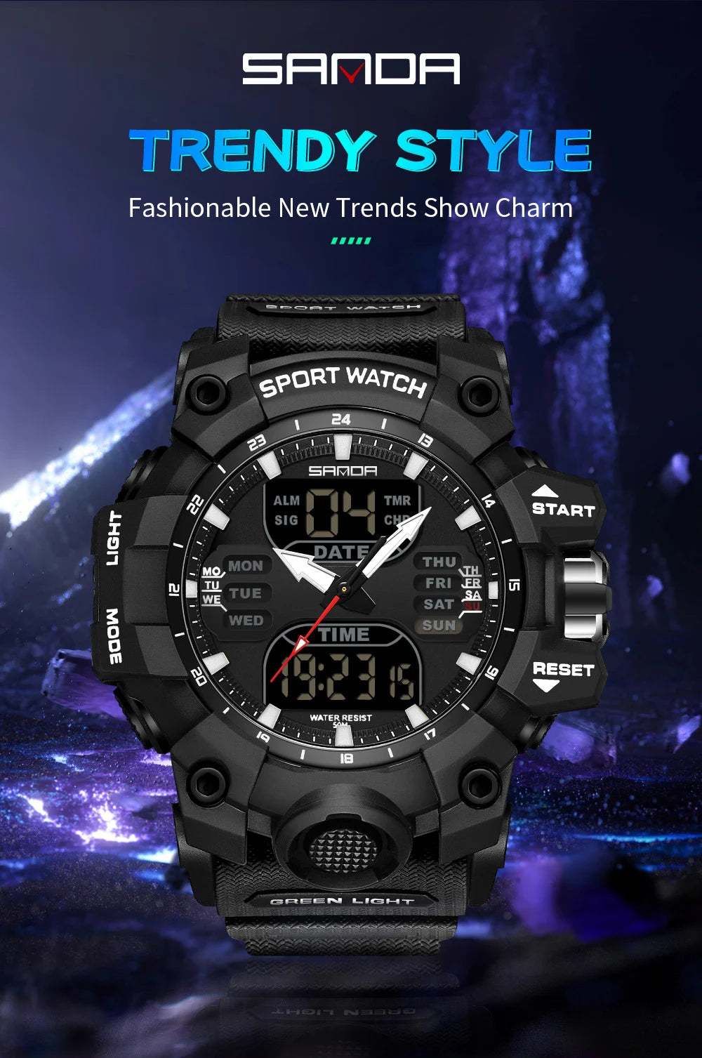 SANDA Relógio Eletrônico Masculino Estilo G Luxo Esportes ao Ar Livre LED Analógico Digital Cronógrafo Militar Display Duplo 50M À Prova D'Água