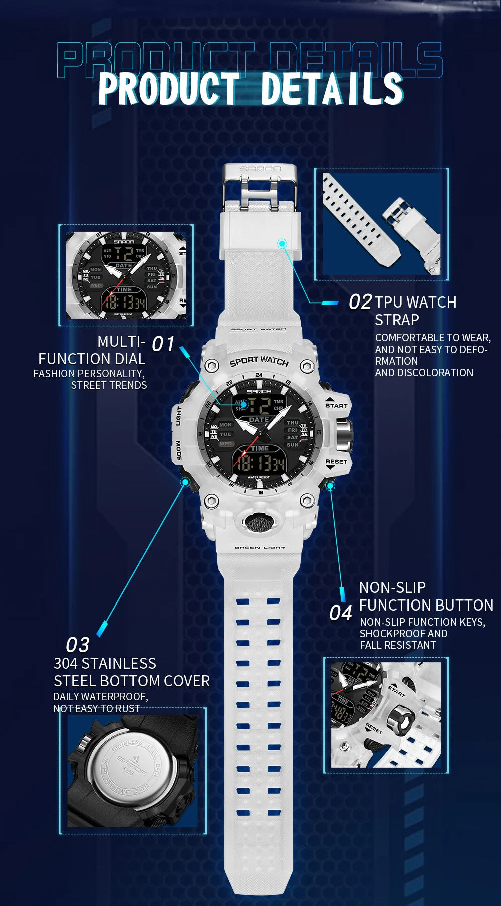 SANDA Relógio Eletrônico Masculino Estilo G Luxo Esportes ao Ar Livre LED Analógico Digital Cronógrafo Militar Display Duplo 50M À Prova D'Água