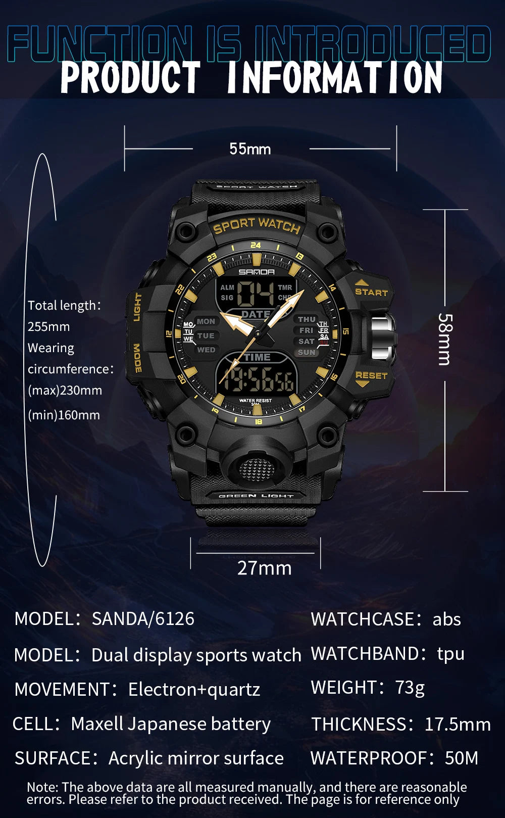 SANDA Relógio Eletrônico Masculino Estilo G Luxo Esportes ao Ar Livre LED Analógico Digital Cronógrafo Militar Display Duplo 50M À Prova D'Água