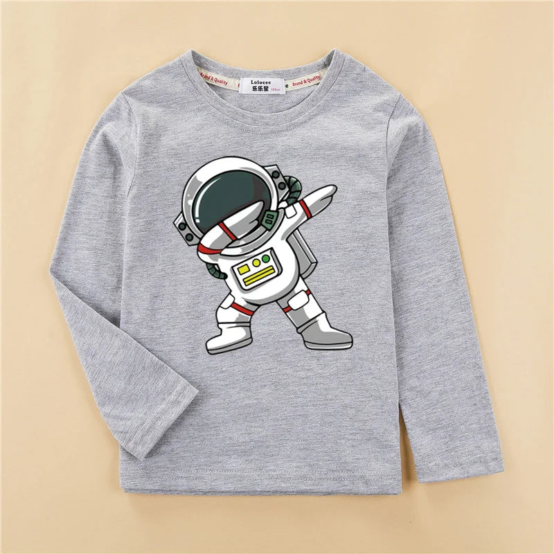 Roupas de desenho animado de astronauta para crianças, camisa de algodão para bebês meninos, camiseta de algodão de manga comprida, camiseta espacial infantil, tops de 3 a 14 anos