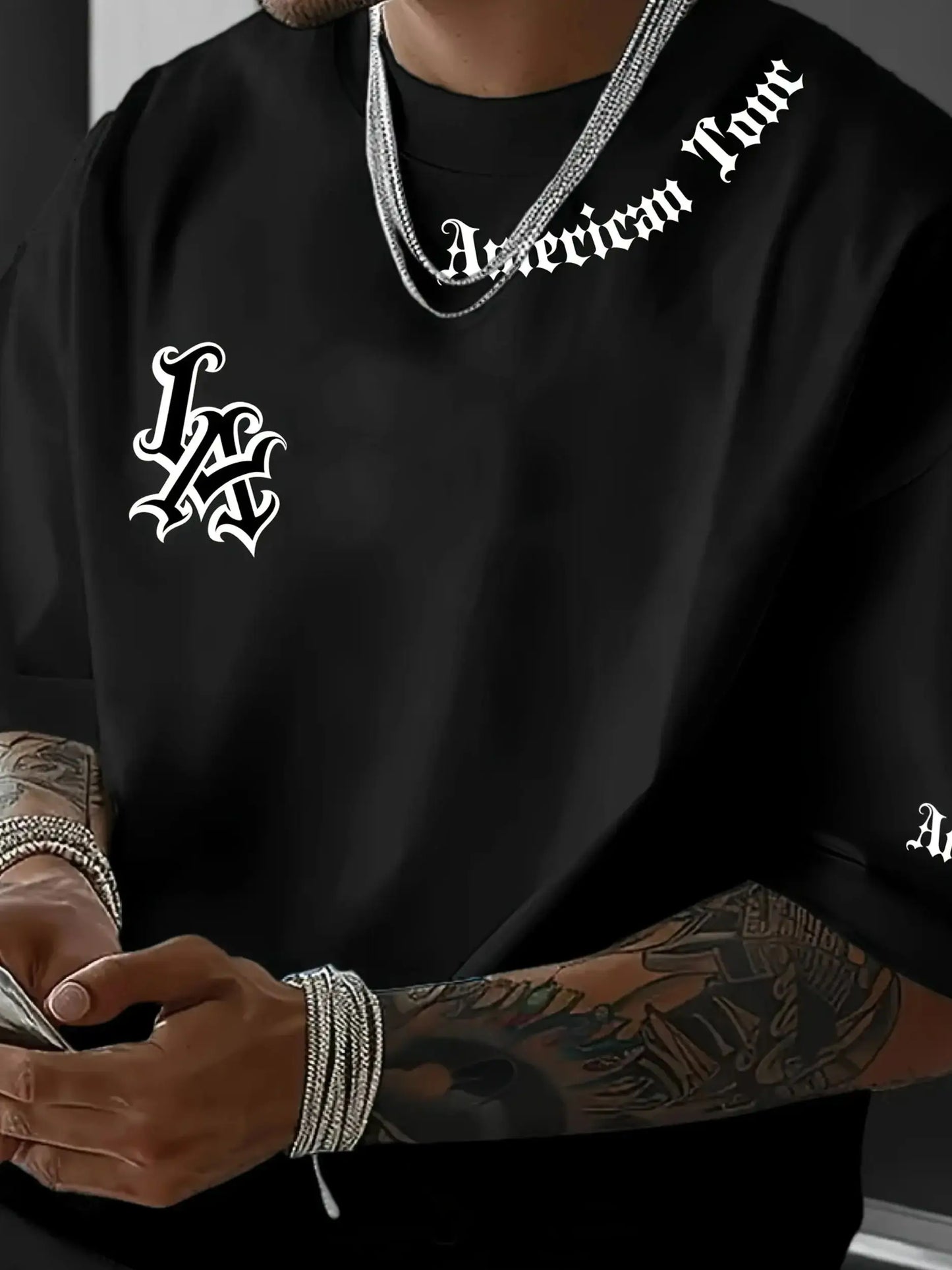 Camiseta esportiva casual com estampa de letras LA, manga curta, unissex, casual, uso diário, camiseta masculina