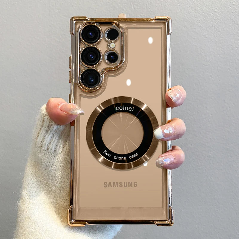 Capa de carregamento magnético sem fio com revestimento de luxo para Samsung S25 S24 Ultra S23 FE S22 Plus S21 Note 20 Capa de proteção de lente transparente