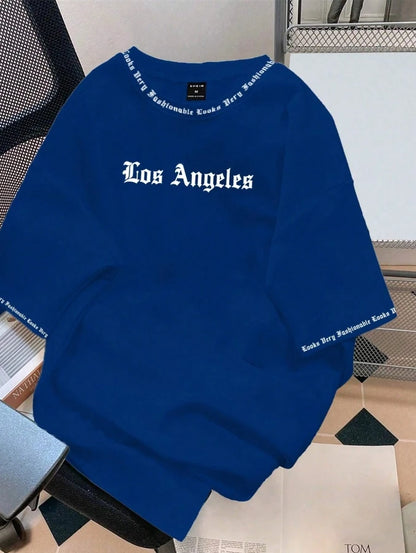 2025 Camiseta Los Angeles LA Gola Redonda Manga Curta Casual Solta Camiseta de Algodão Cor Sólida Casaco Base Estilo Americano