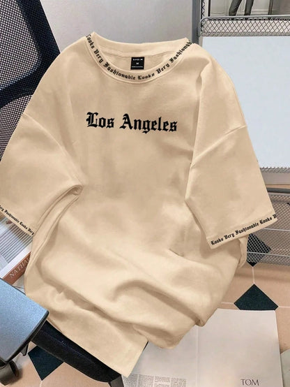 2025 Camiseta Los Angeles LA Gola Redonda Manga Curta Casual Solta Camiseta de Algodão Cor Sólida Casaco Base Estilo Americano