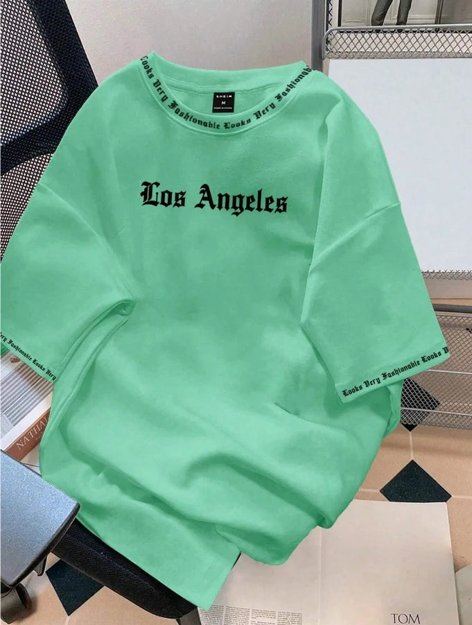 2025 Camiseta Los Angeles LA Gola Redonda Manga Curta Casual Solta Camiseta de Algodão Cor Sólida Casaco Base Estilo Americano
