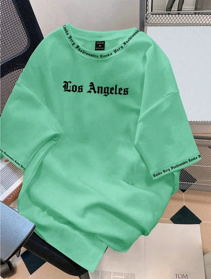 2025 Camiseta Los Angeles LA Gola Redonda Manga Curta Casual Solta Camiseta de Algodão Cor Sólida Casaco Base Estilo Americano