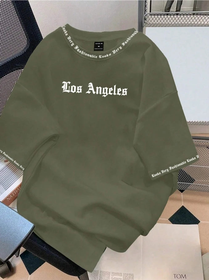 2025 Camiseta Los Angeles LA Gola Redonda Manga Curta Casual Solta Camiseta de Algodão Cor Sólida Casaco Base Estilo Americano