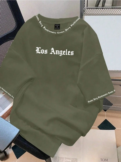 2025 Camiseta Los Angeles LA Gola Redonda Manga Curta Casual Solta Camiseta de Algodão Cor Sólida Casaco Base Estilo Americano