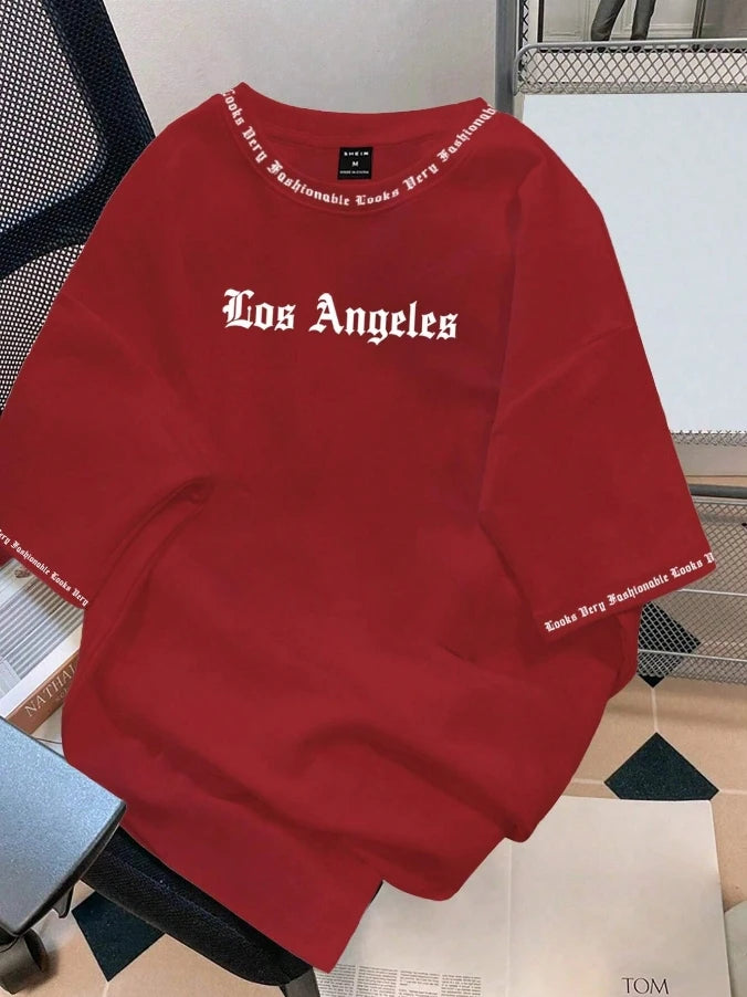 2025 Camiseta Los Angeles LA Gola Redonda Manga Curta Casual Solta Camiseta de Algodão Cor Sólida Casaco Base Estilo Americano