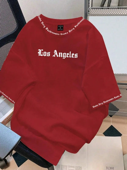 2025 Camiseta Los Angeles LA Gola Redonda Manga Curta Casual Solta Camiseta de Algodão Cor Sólida Casaco Base Estilo Americano