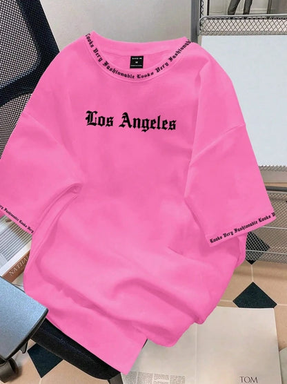 2025 Camiseta Los Angeles LA Gola Redonda Manga Curta Casual Solta Camiseta de Algodão Cor Sólida Casaco Base Estilo Americano