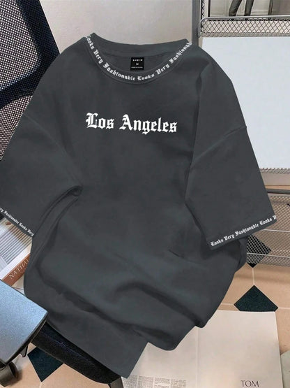2025 Camiseta Los Angeles LA Gola Redonda Manga Curta Casual Solta Camiseta de Algodão Cor Sólida Casaco Base Estilo Americano