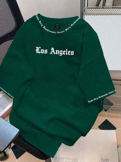 2025 Camiseta Los Angeles LA Gola Redonda Manga Curta Casual Solta Camiseta de Algodão Cor Sólida Casaco Base Estilo Americano