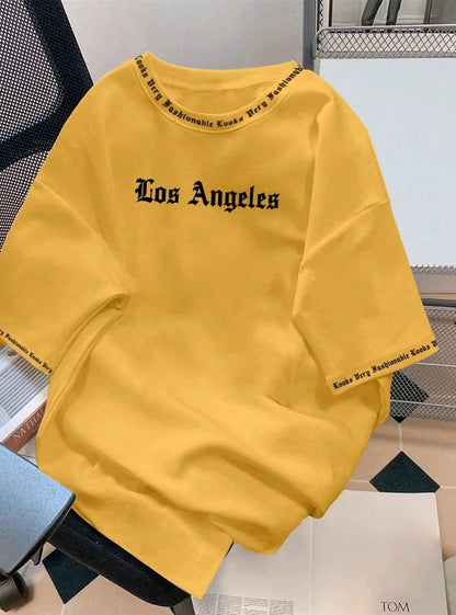 2025 Camiseta Los Angeles LA Gola Redonda Manga Curta Casual Solta Camiseta de Algodão Cor Sólida Casaco Base Estilo Americano