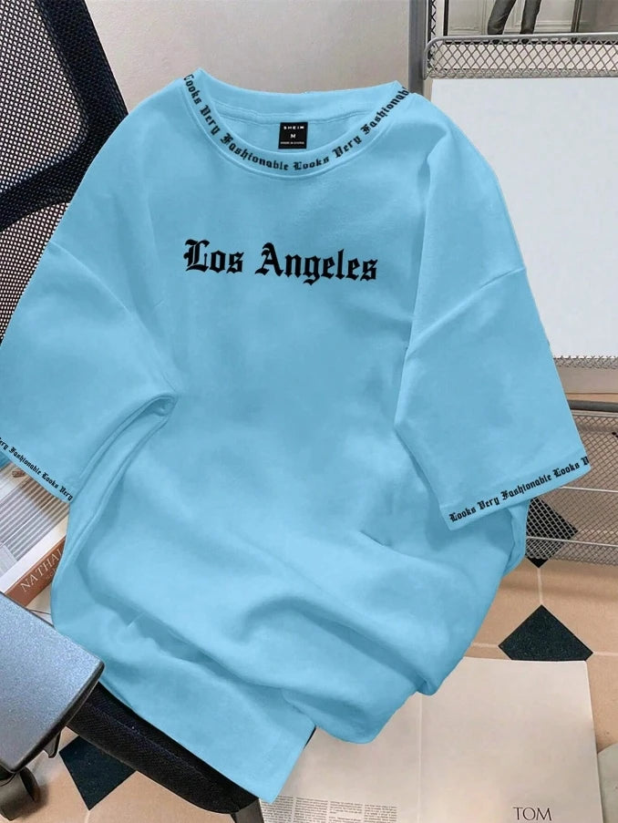 2025 Camiseta Los Angeles LA Gola Redonda Manga Curta Casual Solta Camiseta de Algodão Cor Sólida Casaco Base Estilo Americano